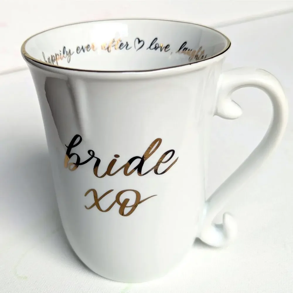 Williams Sonoma “Bride XO” Porcelain Coffee Mug – 14 oz Metallic Gold Script